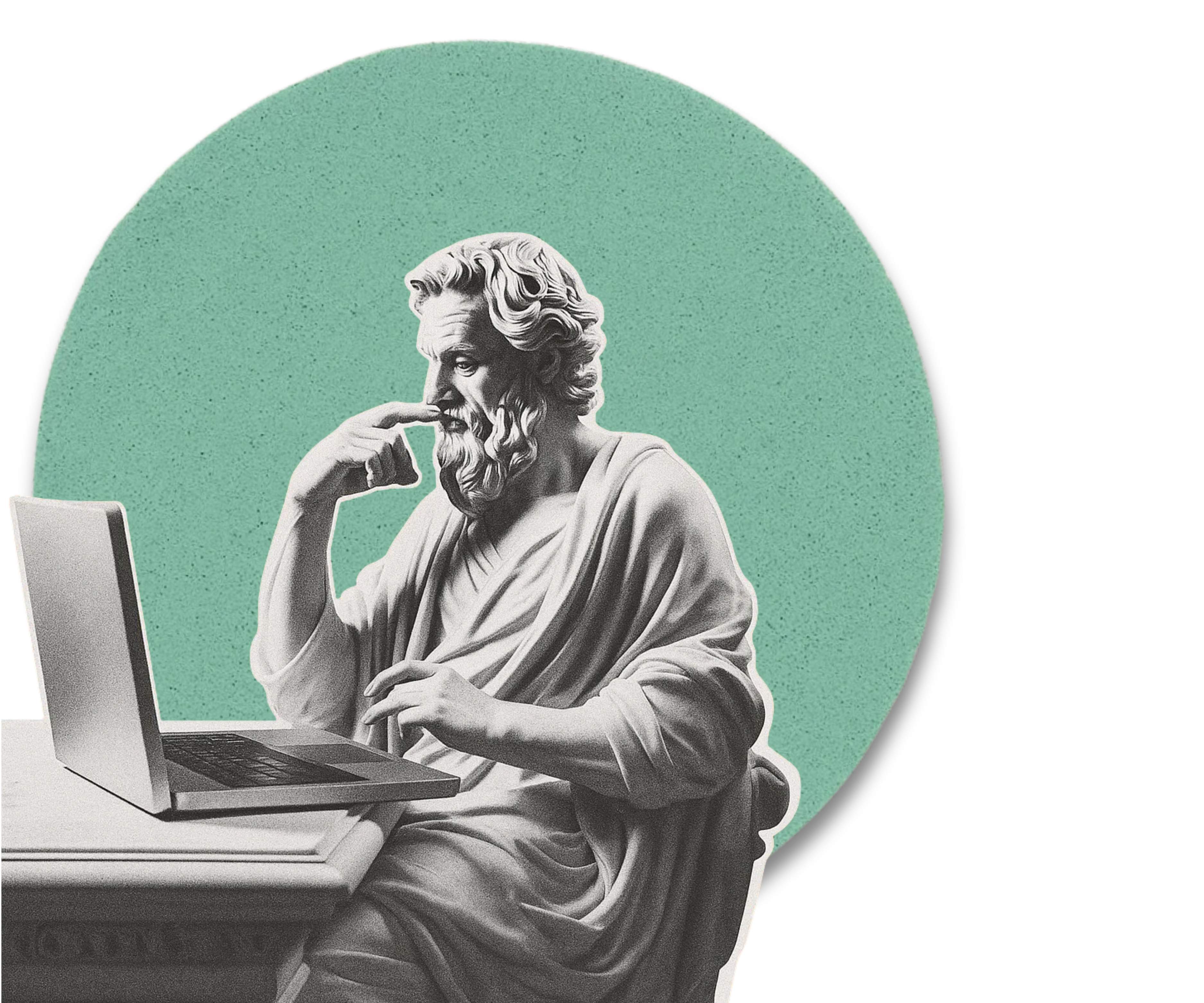 Classical statue working on laptop with mint-green circular backdrop
